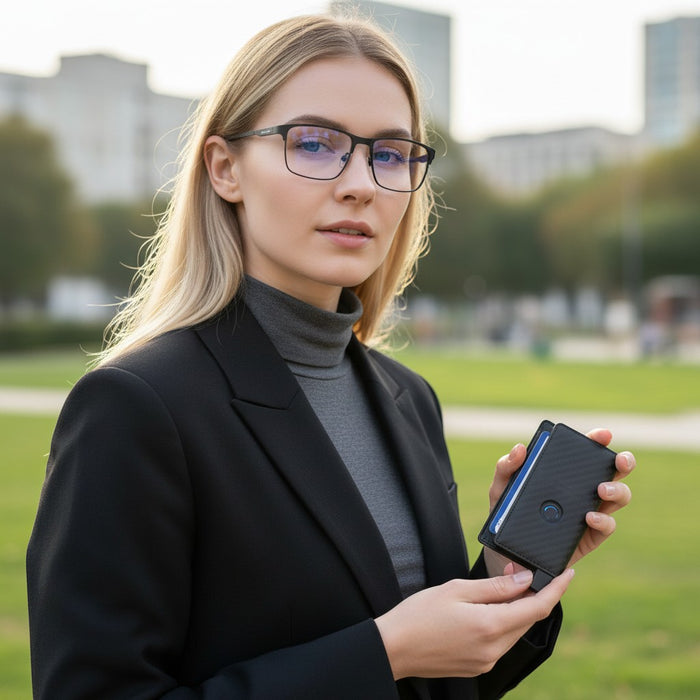 Blonde woman wearing Blessing blue light blocking glasses and black blazer, holding a carbon fiber wallet.