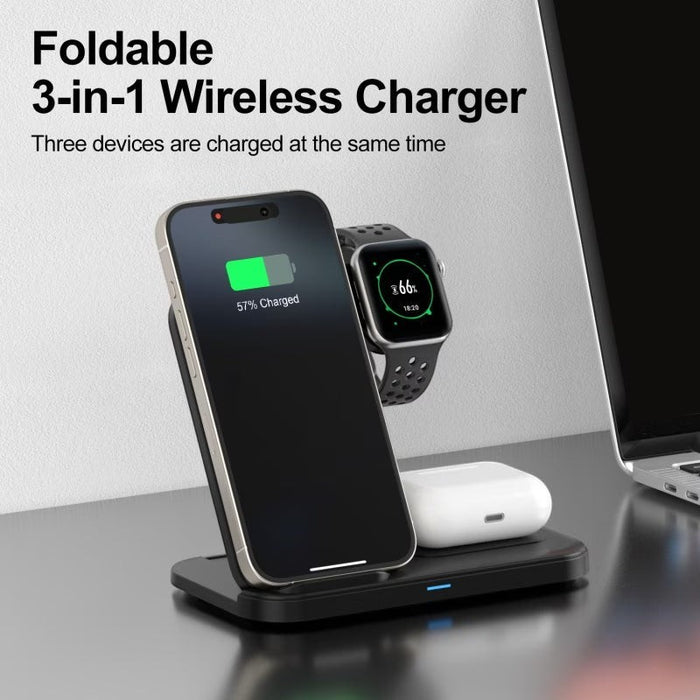Blessing Foldable 3-in-1 wireless charging station in black, charging a smartphone, smartwatch, and earbuds.