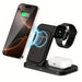 Blessing's Foldable Wireless Charging Station charging a smartphone, smartwatch, and earbuds simultaneously. Black.