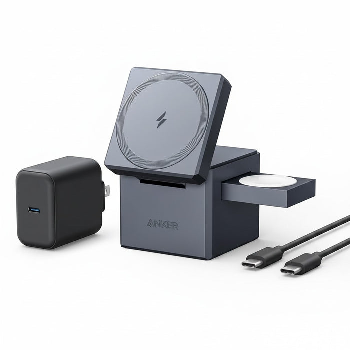 Blessing magnetic charging dock for phone and watch, grey, with USB-C PD charger and cables.