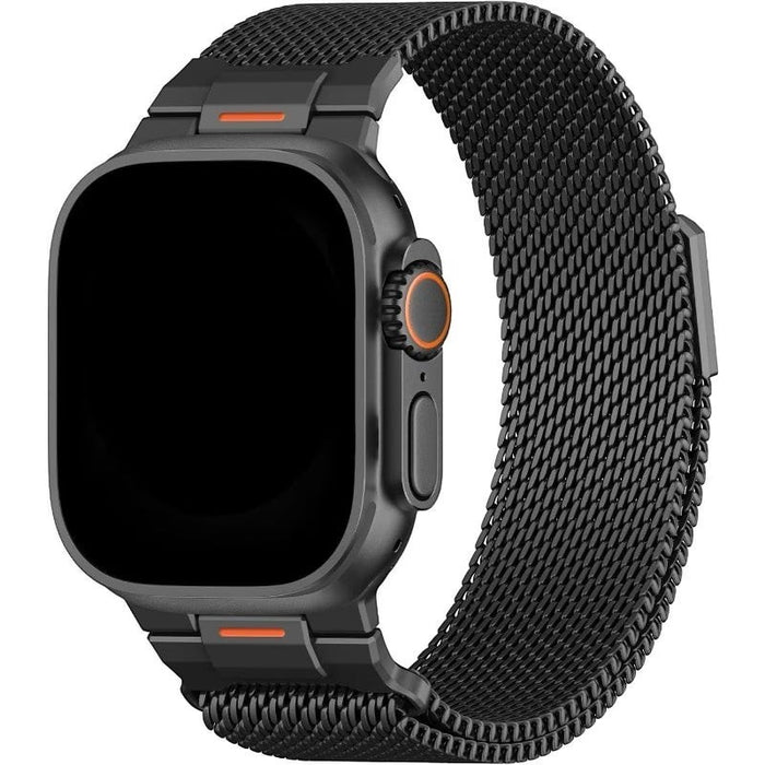 Blessing Sells black magnetic mesh loop strap for Apple Watch Ultra, made of stainless steel with adjustable Milanese band.