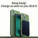 Blessing magnetic wireless charging power bank in dark blue, attaches to a green phone case.