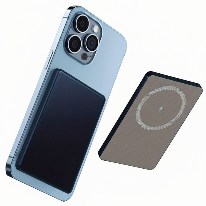 Blessing magnetic wireless charging power bank in tan attaches to a light blue smartphone.