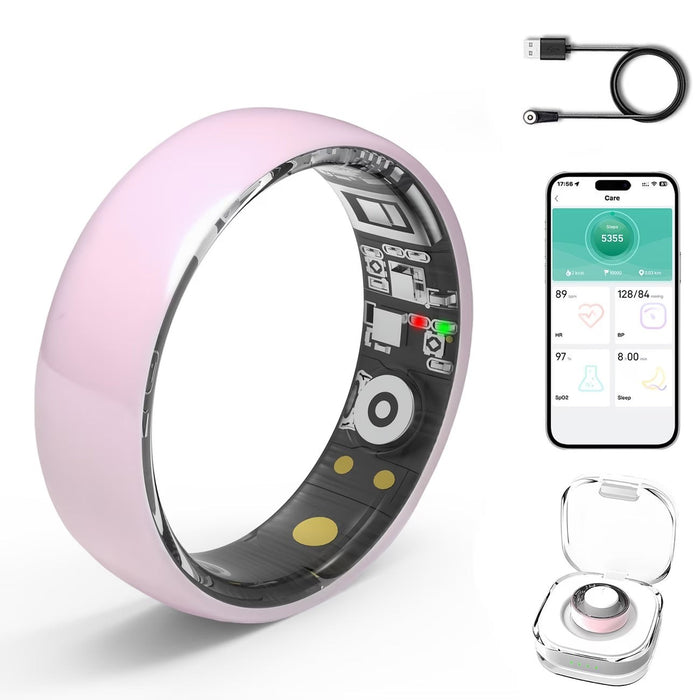 Blessing Smart Ring for women in pink, a sleek health tracker with sleep monitor and exercise modes, shown with charging cable and app.