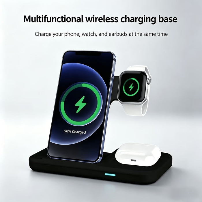 Blessing Sells black 3-in-1 wireless charging stand for phone, watch, and earbuds. Minimalist design.