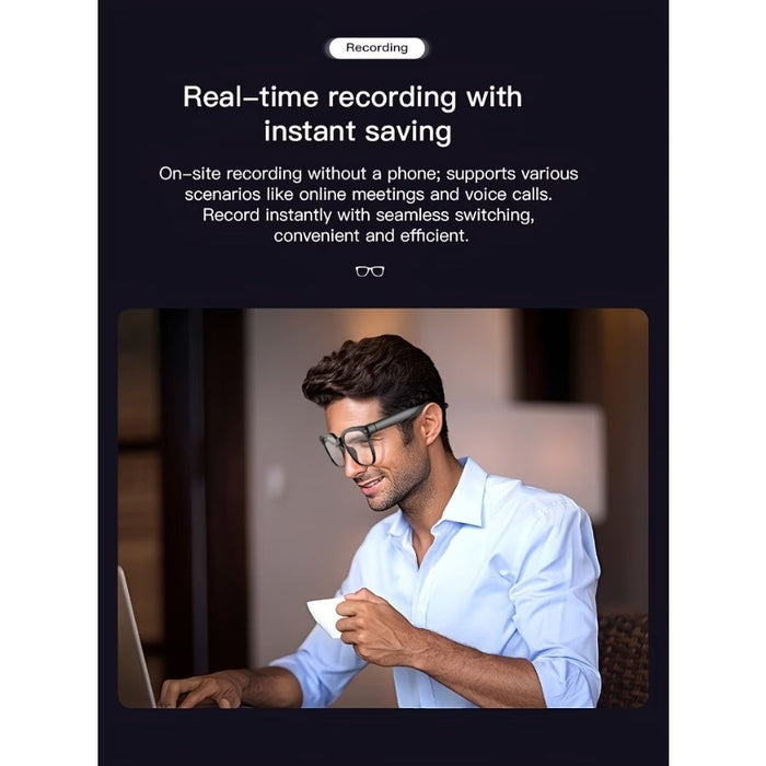Blessing Sells 4K camera glasses with AI smart features, real-time translation, object recognition, and open-ear audio.