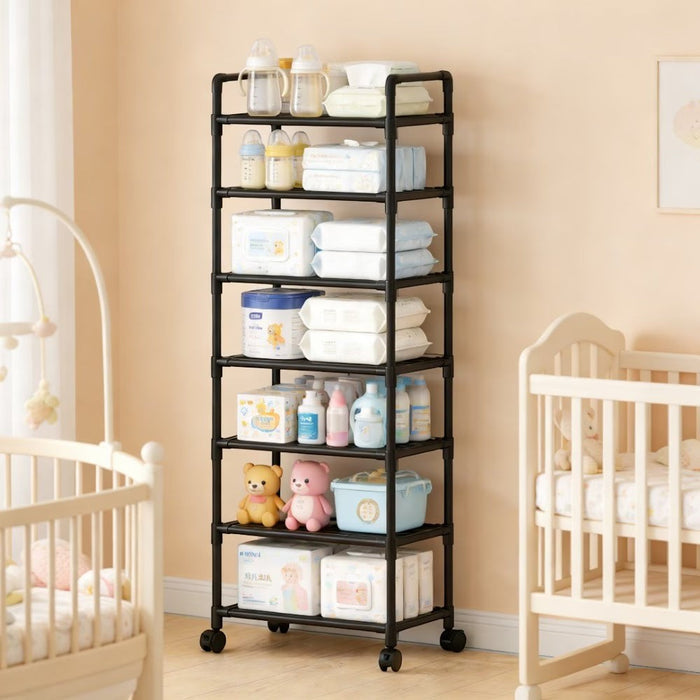 Blessing Sells black 6-layer wheeled storage rack with baby essentials like diapers, bottles, and toys. Features adjustable shelves and side hooks.