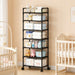 Blessing Sells black 6-layer wheeled storage rack with baby essentials like diapers, bottles, and toys. Features adjustable shelves and side hooks.