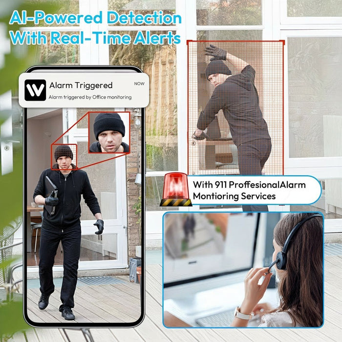 Blessing Sells AI security camera detects intruder at door, showing real-time alerts on phone and professional monitoring.