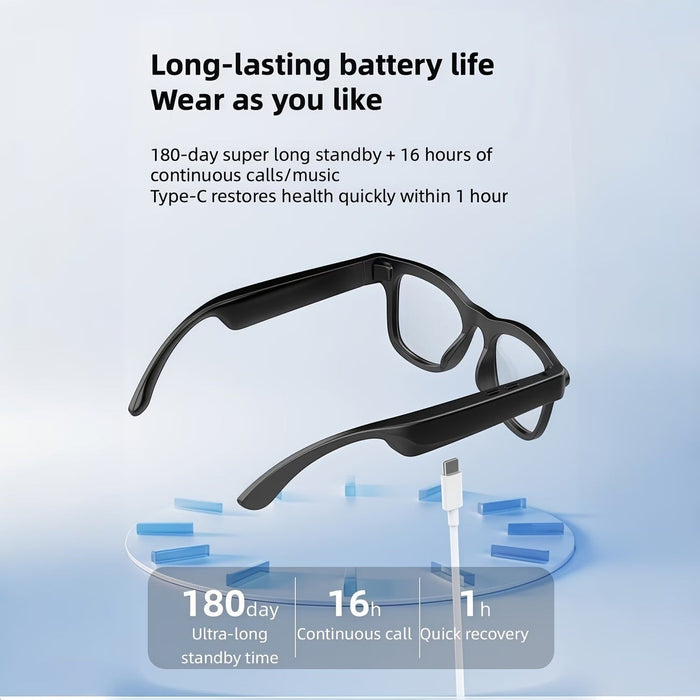 Blessing Sells AI smart camera glasses in black with a USB-C charging cable. Features 180-day standby, 16-hour call time.