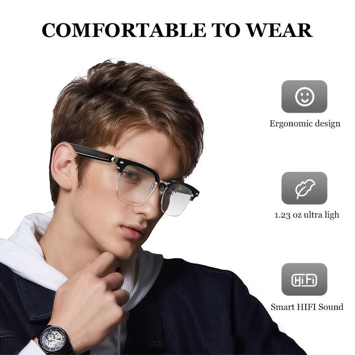 Blessing Sells FeipuQu AI Smart Glasses with black frames and clear lenses, featuring ergonomic design and Hi-Fi sound.
