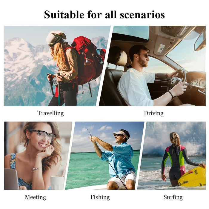 Blessing Sells FeipuQu AI Smart Glasses for men and women, black frames, suitable for travelling, driving, meetings, fishing, and surfing.
