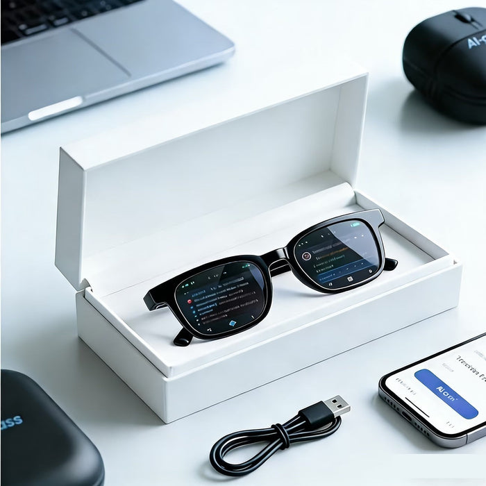 Blessing Sells AI smart glasses in black with a digital display on the lens, shown in a white box with a laptop and phone.