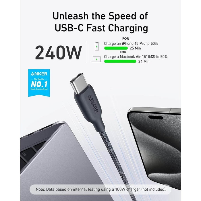 Blessing Sells Anker Nano 240W USB-C cable with braided exterior, charging a laptop and phone.