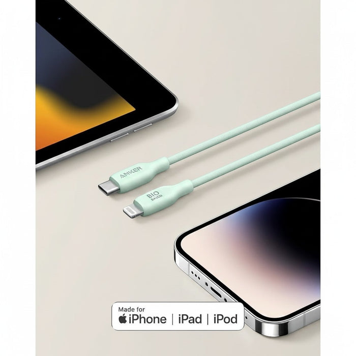 Blessing Sells Anker bio-based USB-C to Lightning charging cable in mint green, made from plant-based materials for Apple devices.
