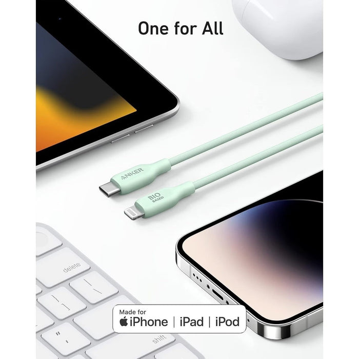 Blessing Sells Anker Bio Based charging cable set, mint green, USB-C to Lightning, MFi certified for iPhone, iPad, iPod.