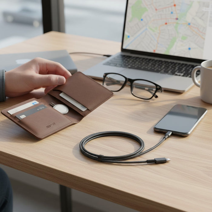 Blessing Sells Anker braided USB-C to Lightning cable, 6ft, black, charging an iPhone on a wooden desk.