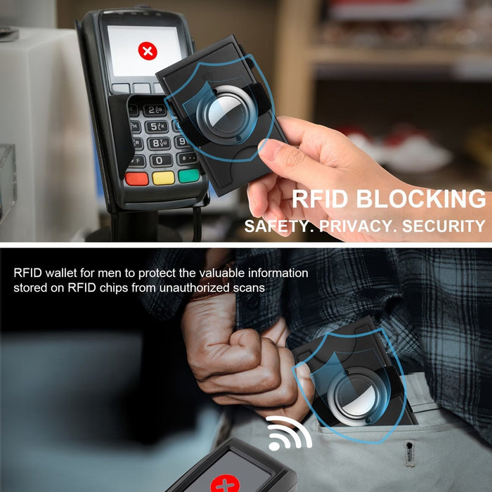 Blessing Sells black aluminium card wallet with RFID blocking and quick ejector button, shown near a payment terminal and in a pocket.