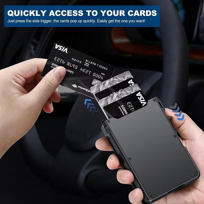 Blessing Sells black aluminum pop-out card holder wallet with RFID protection and cash clip, shown with cards being accessed.