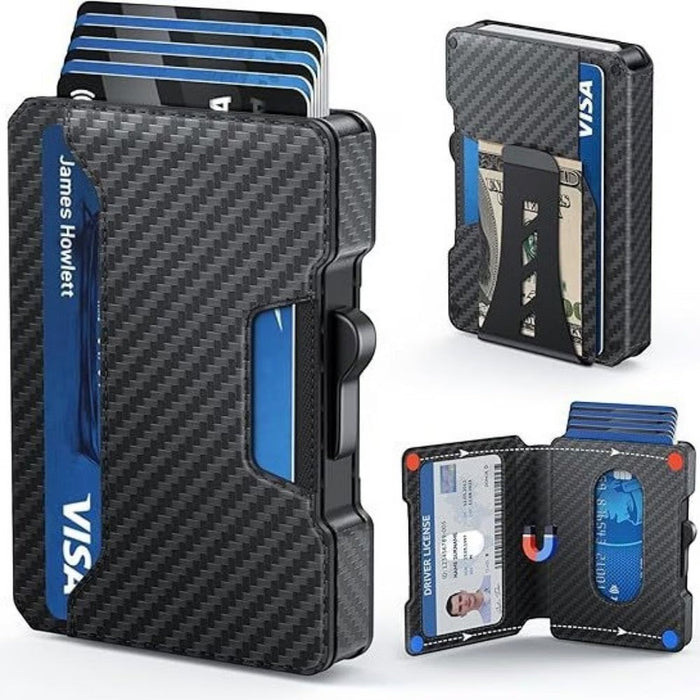 Blessing Sells black carbon fiber metal card case with blue trim, RFID shielded, holds multiple cards and cash.