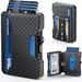 Blessing Sells black carbon fiber metal card case with blue trim, RFID shielded, holds multiple cards and cash.