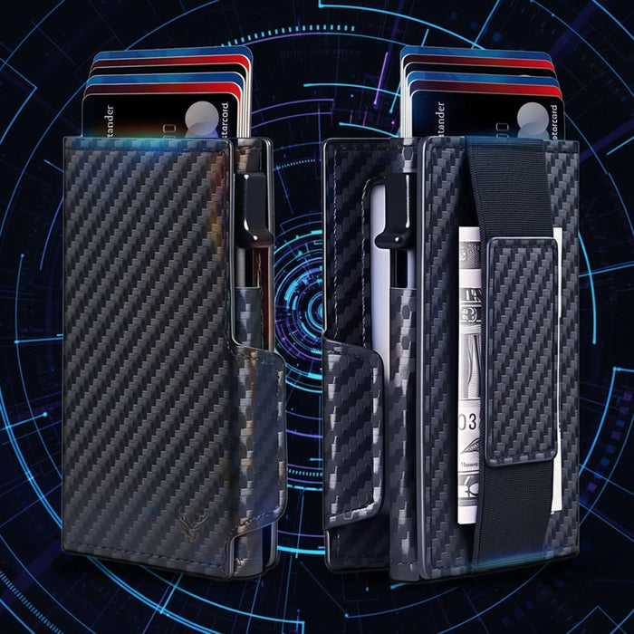 Blessing Sells black carbon fiber RFID pop-up wallet for men with zipper cash pocket and card holder