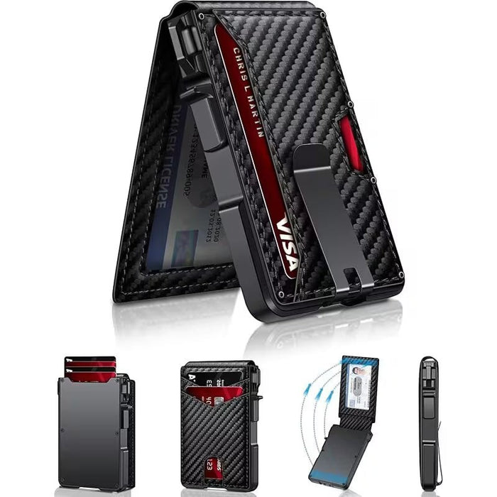 Blessing Sells black carbon fiber men's wallet with pop-out card holder, RFID protection, and cash clip.
