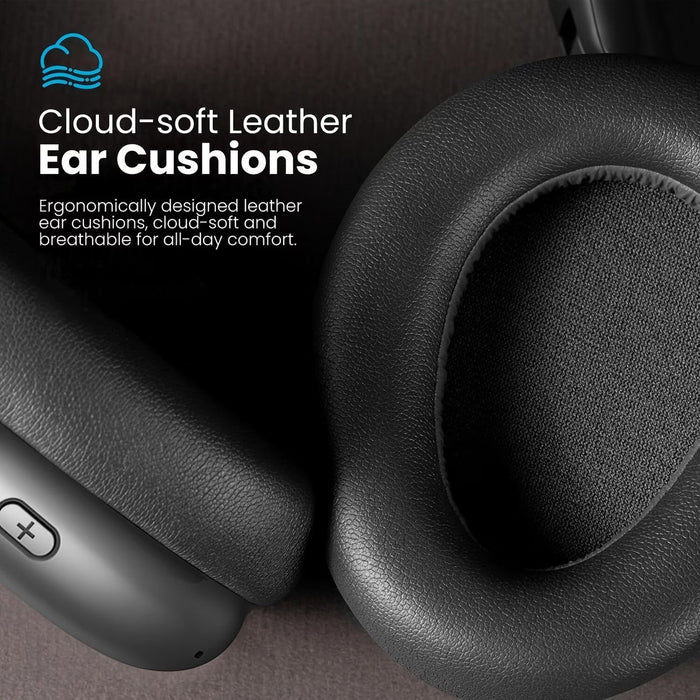 Blessing Sells black leather over-ear headphones with cloud-soft, breathable ear cushions and volume controls.