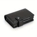 Blessing Sells black leather RFID blocking wallet with auto pop-up card mechanism and snap closure.