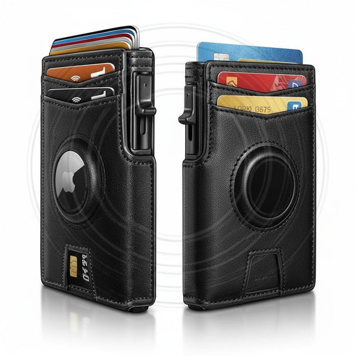 Blessing Sells black genuine leather bifold wallet with RFID blocking, ID window, and card holder.