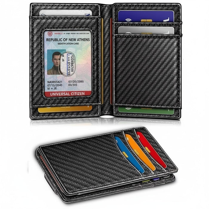 Blessing Sells black carbon fiber leather bifold wallet with ID window, card slots, and RFID blocking.