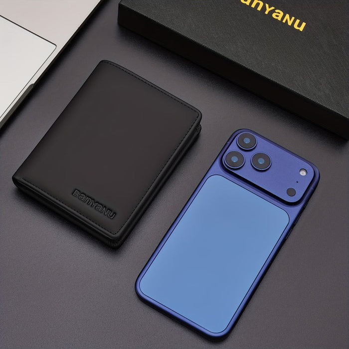 Blessing Sells black genuine leather three-fold wallet with 13 card slots and anti-theft feature.