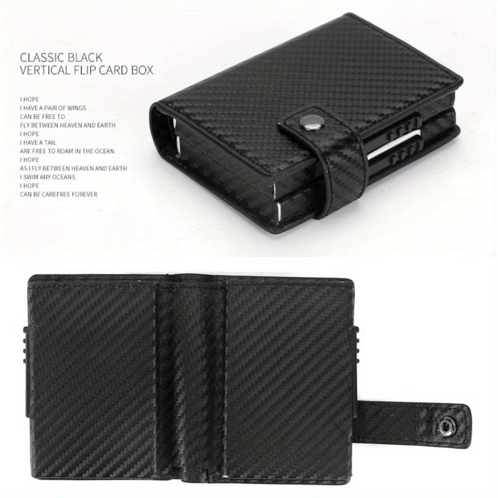 Blessing Sells black carbon fiber RFID blocking wallet with auto pop-up mechanism and multiple card slots.