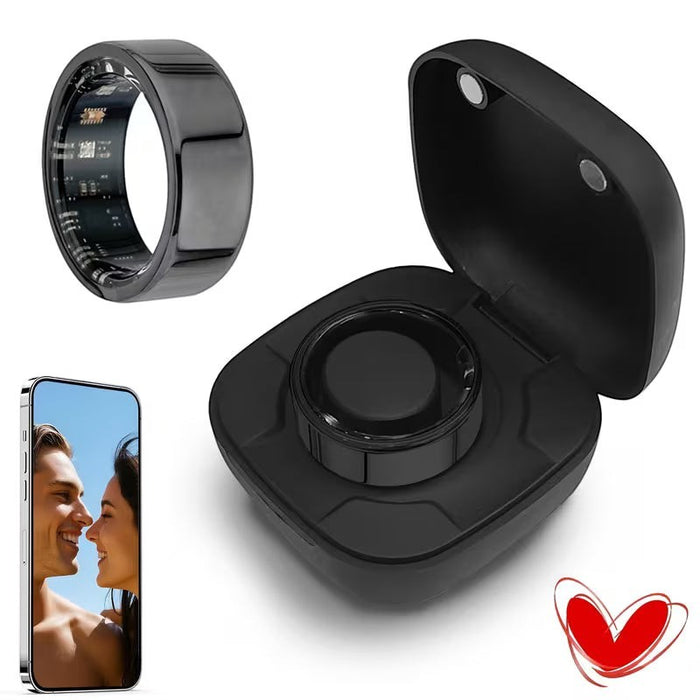 Blessing Sells black smart ring with internal circuitry and charging case, tracks health and fitness.