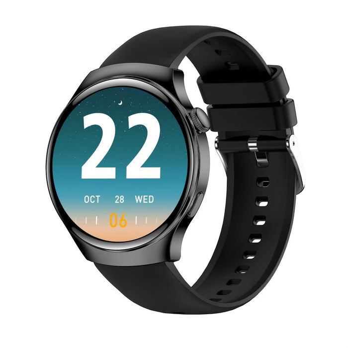 Blessing Sells black silicone strap smart watch with a round face displaying the date and time.