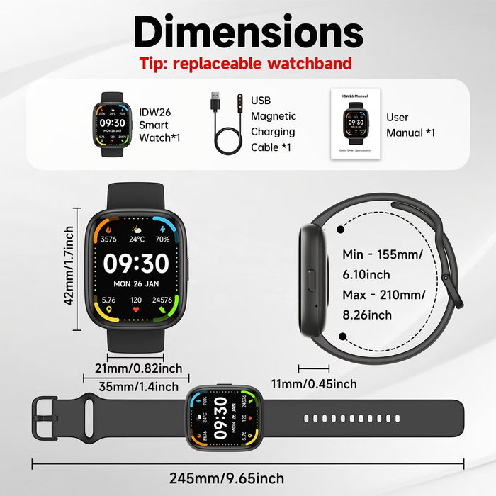 Blessing SellsHere black smart watch with 1.83" HD touch screen, wireless calling, fitness tracker, and replaceable band.