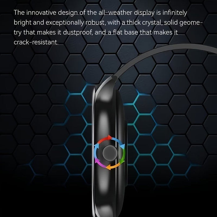 Blessing Sells black round smartwatch with interactive screen and multi-color rotating arrows on side.
