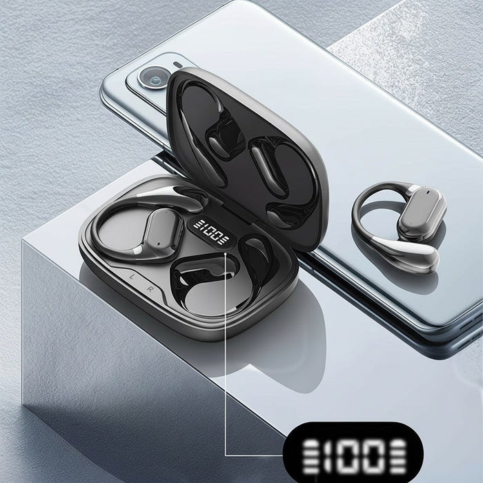 Blessing Sells black true wireless over-ear headphones with charging case and digital display. Includes one earbud with hook.