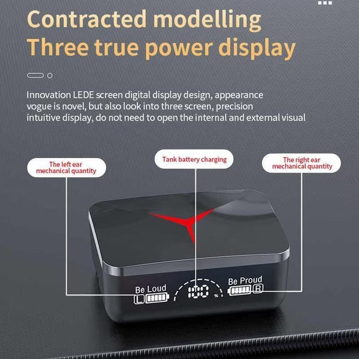 Blessing Sells black wireless earbuds charging case with LED display showing battery levels and touch controls.