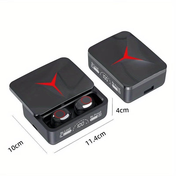 Blessing Sells black wireless earbuds with red accents in charging case, LED display showing battery level.