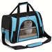 Blessing Sells blue ventilated cat carrier with mesh windows and a Scottish Fold cat peeking out.
