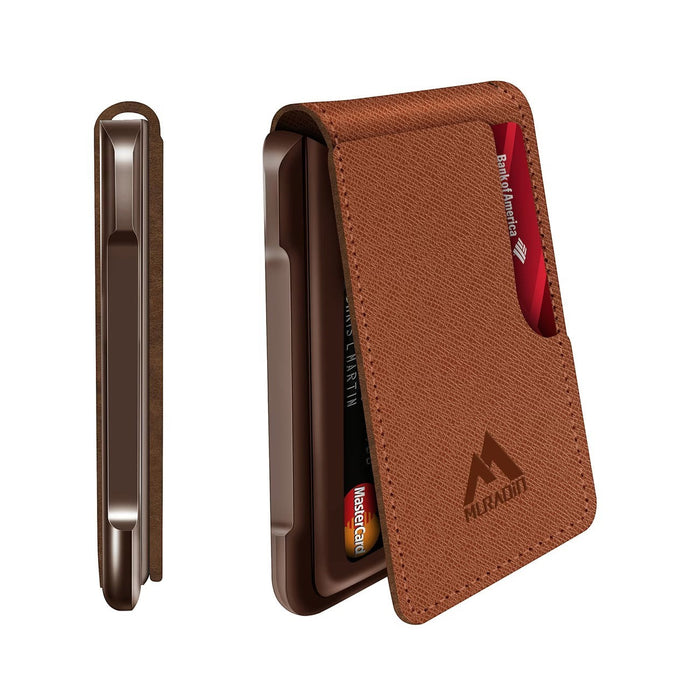 Blessing Sells brown faux leather men's wallet with metal trim and card slots. Features RFID protection and magnetic closure.