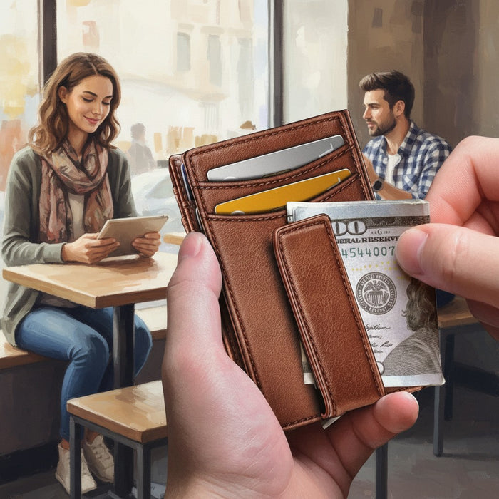 Blessing Sells brown genuine leather bifold wallet with card slots and money clip, RFID blocking.