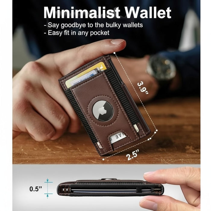 Blessing Sells brown leather minimalist wallet with pop-up card holder, RFID protection, and Airtag slot.
