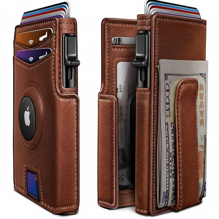 Blessing Sells brown leather bifold wallet with RFID blocking, card holder, ID window, and money clip.