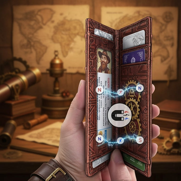 Blessing Sells brown genuine leather bifold wallet with ID window, card slots, and money clip. RFID blocking.