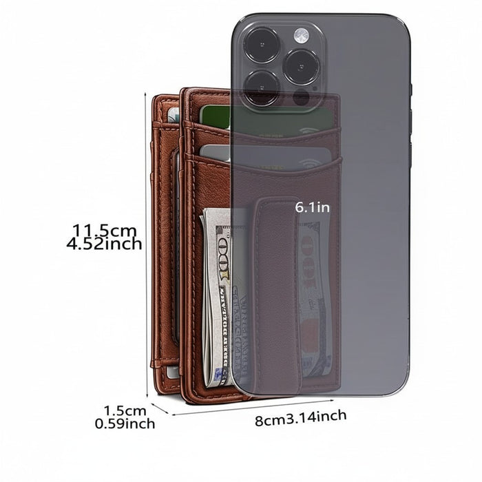 Blessing Sells brown leather bifold wallet with RFID blocking, ID window, and card holder. Slim design fits in pocket.
