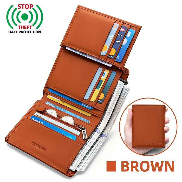 Blessing Sells brown genuine leather three-fold wallet for men with 13 card slots and anti-theft feature.