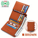 Blessing Sells brown genuine leather three-fold wallet for men with 13 card slots and anti-theft feature.