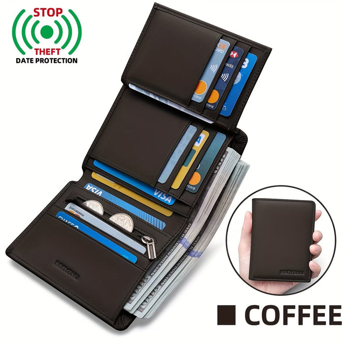 Blessing Sells brown genuine leather three-fold wallet for men with 13 card slots and RFID anti-theft protection.